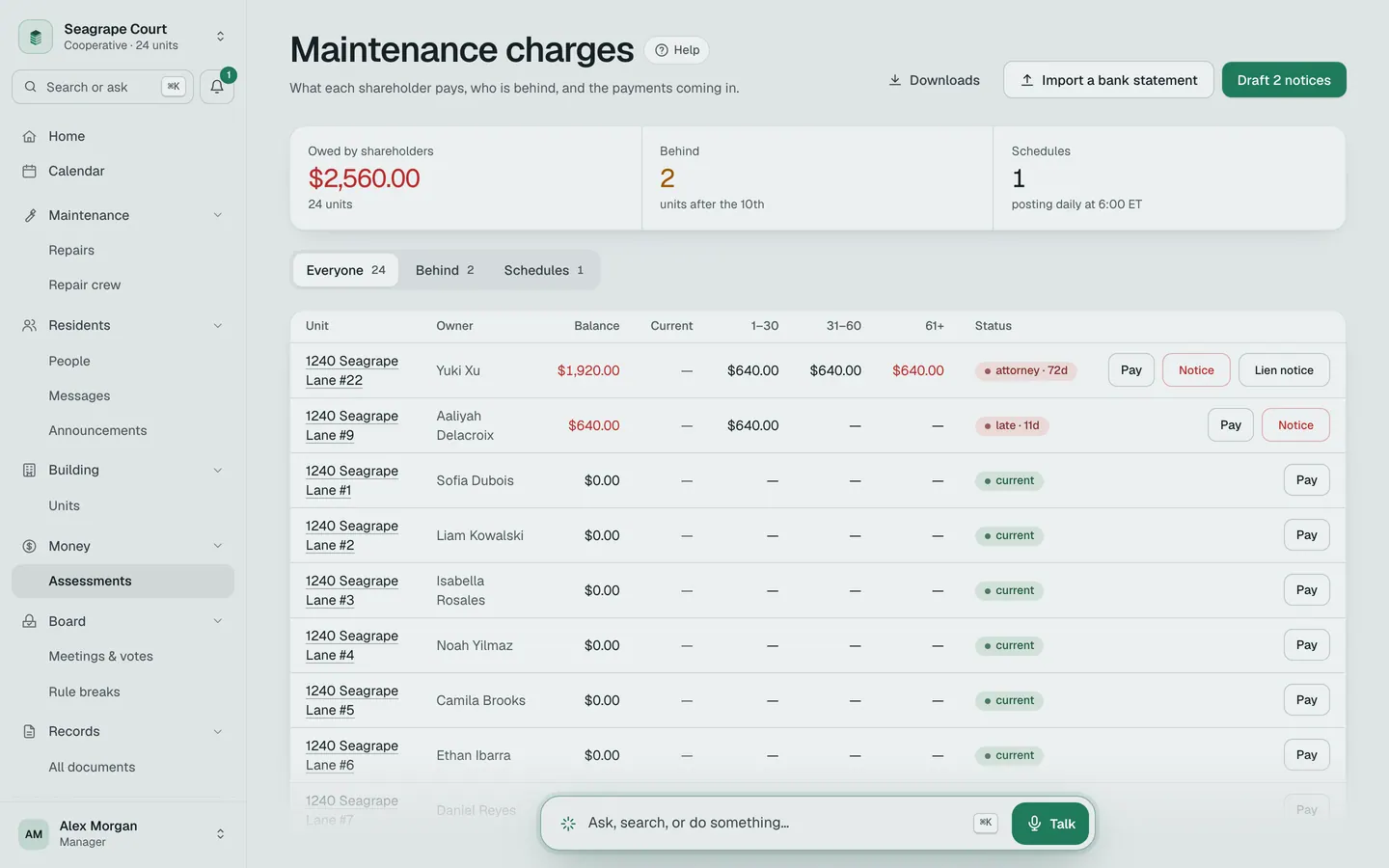 Maintenance charges: what is owed, who is behind, and the aging of each balance