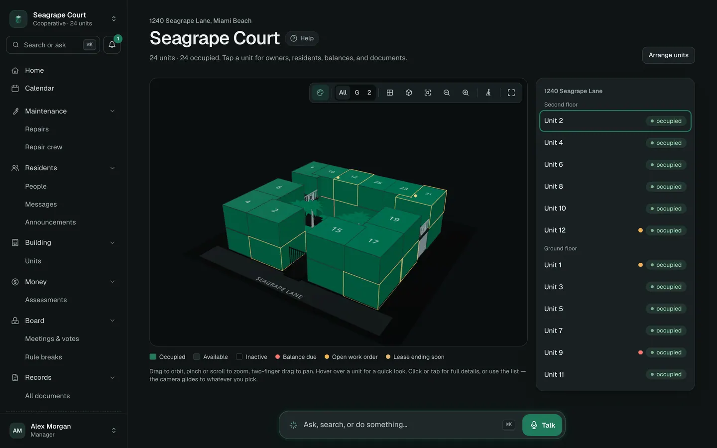 The 3D building with status colours, dark theme