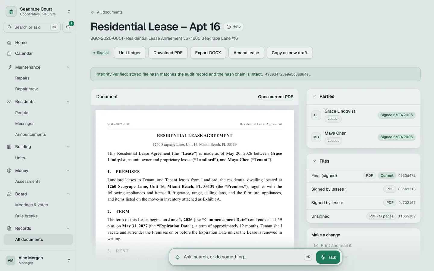 A signed lease in the app with its green banner: Integrity verified, the stored file matches the record and the chain is intact