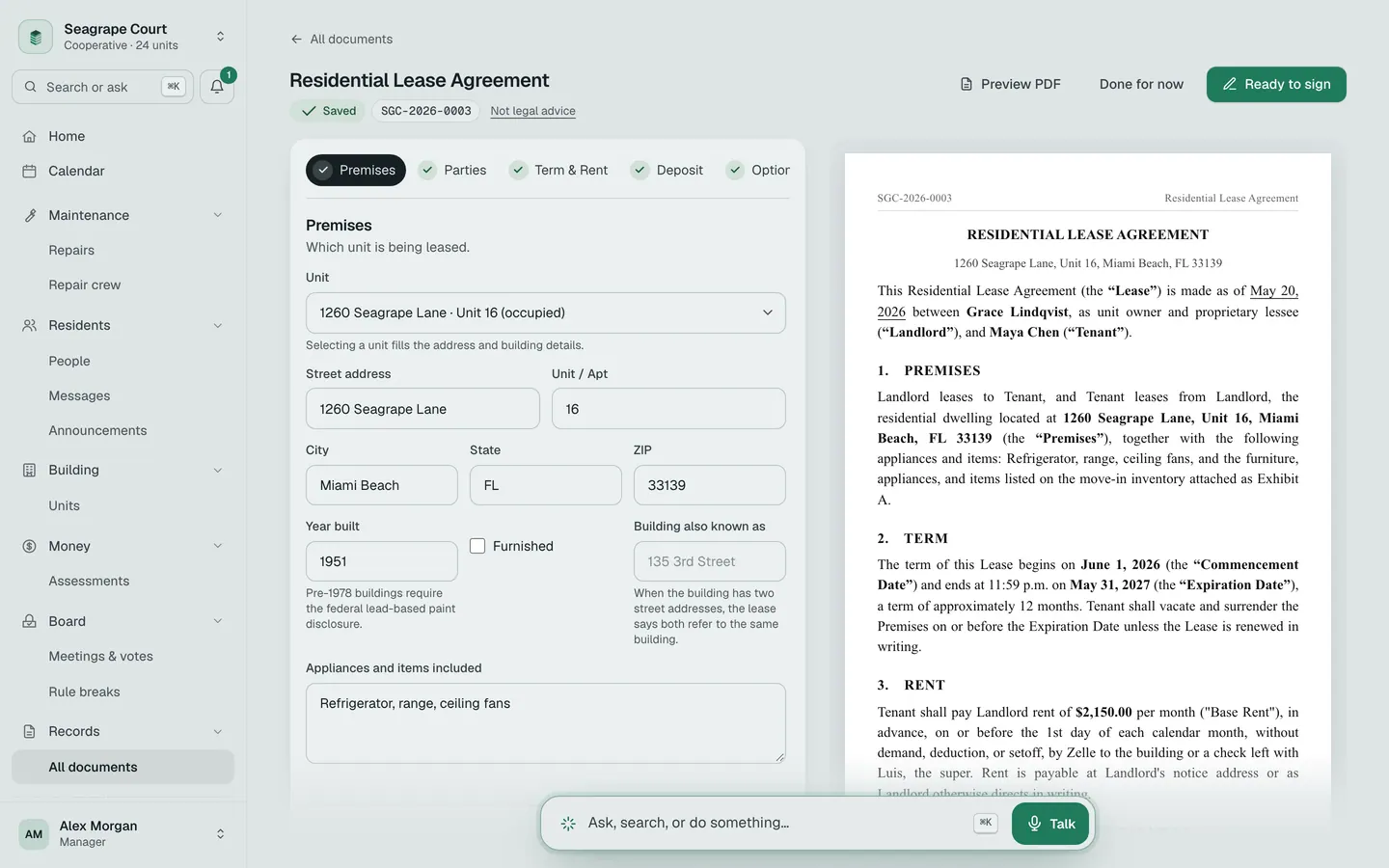 The lease editor: the form in steps on the left, the lease as it will print on the right
