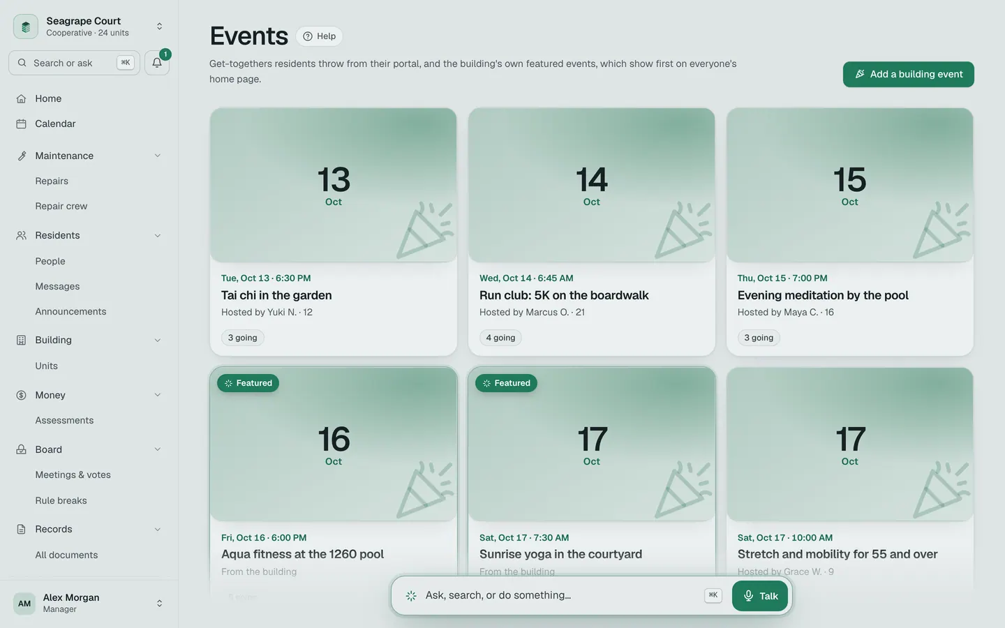 Events: tai chi in the garden, a 5K run club, meditation by the pool