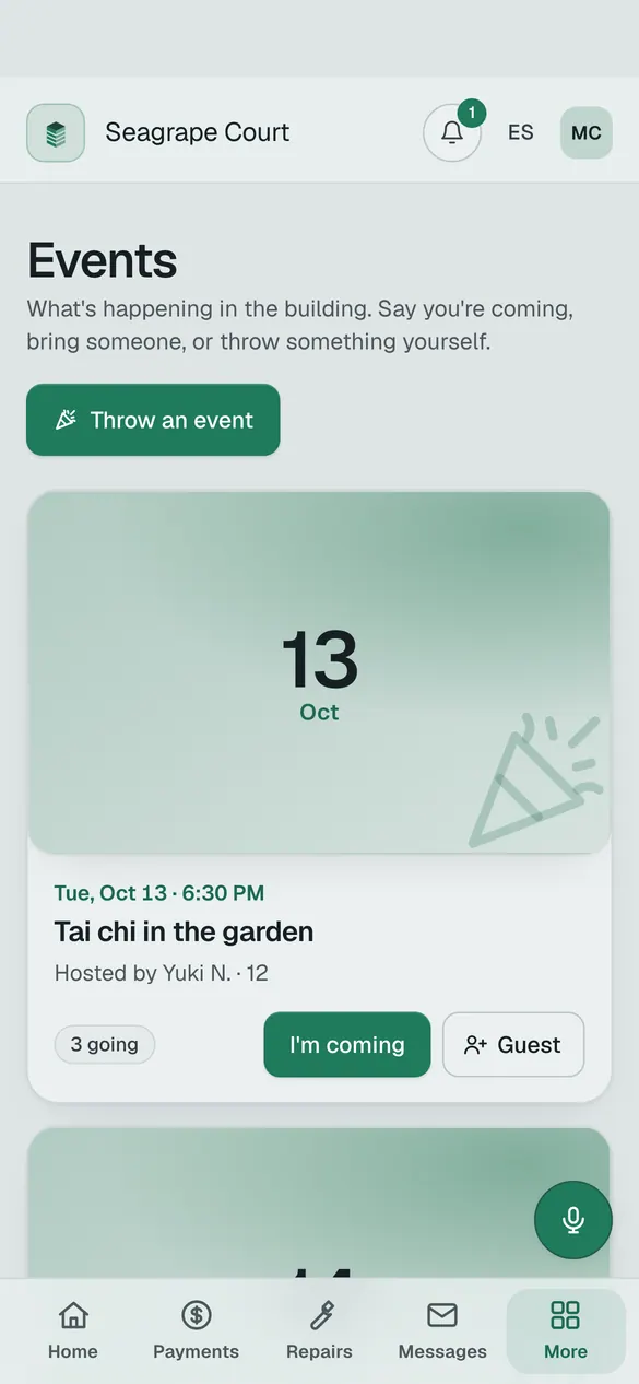 Events on a phone: tai chi in the garden, with I'm coming and Guest buttons