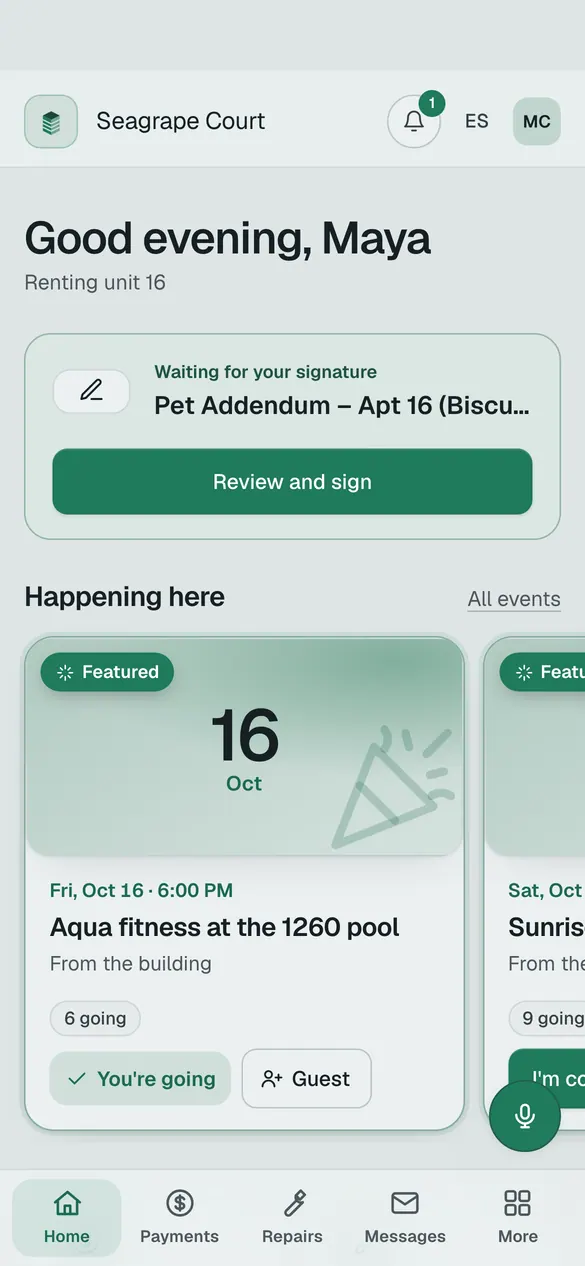The resident's Home on a phone: a document waiting for their signature, then the building's events