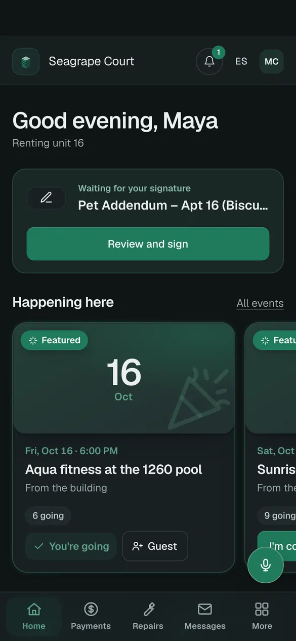 The resident portal on a phone, dark theme