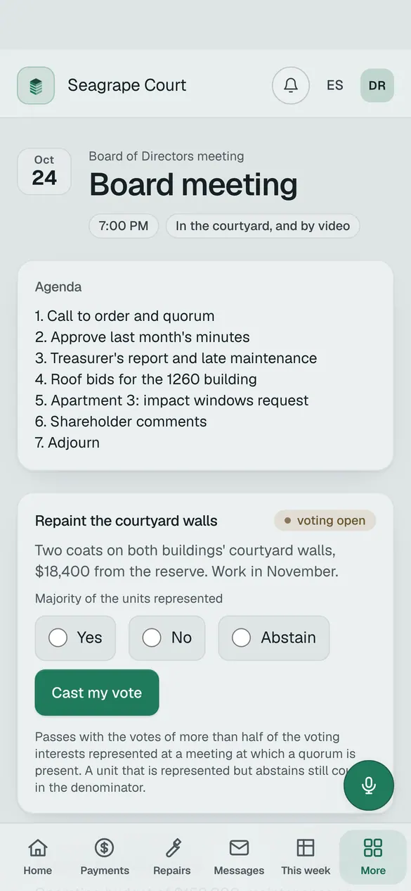 A board meeting on a phone: the agenda and a ballot with yes, no and abstain