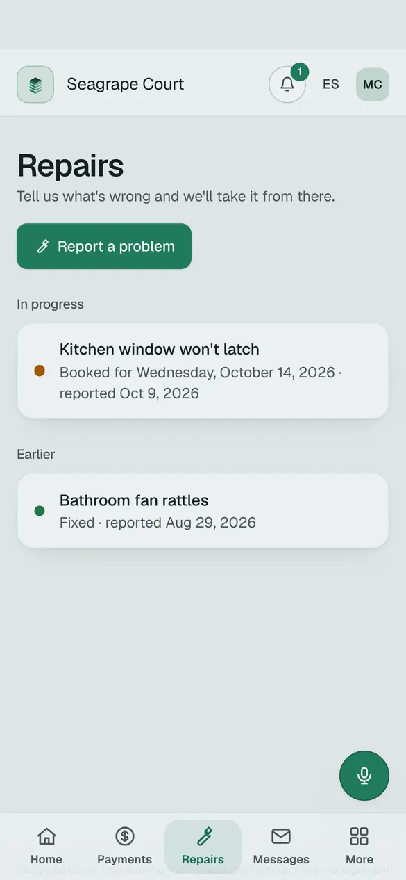 Repairs on a phone: Report a problem, one booked for Wednesday, one fixed