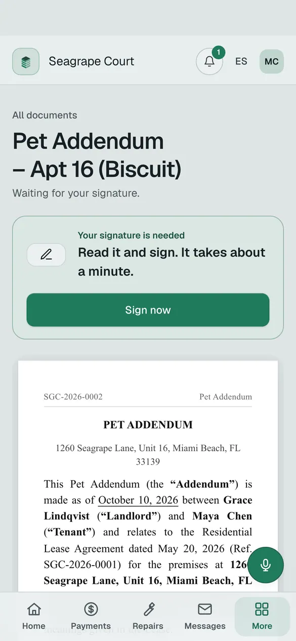A pet addendum on a phone with Sign now above the document